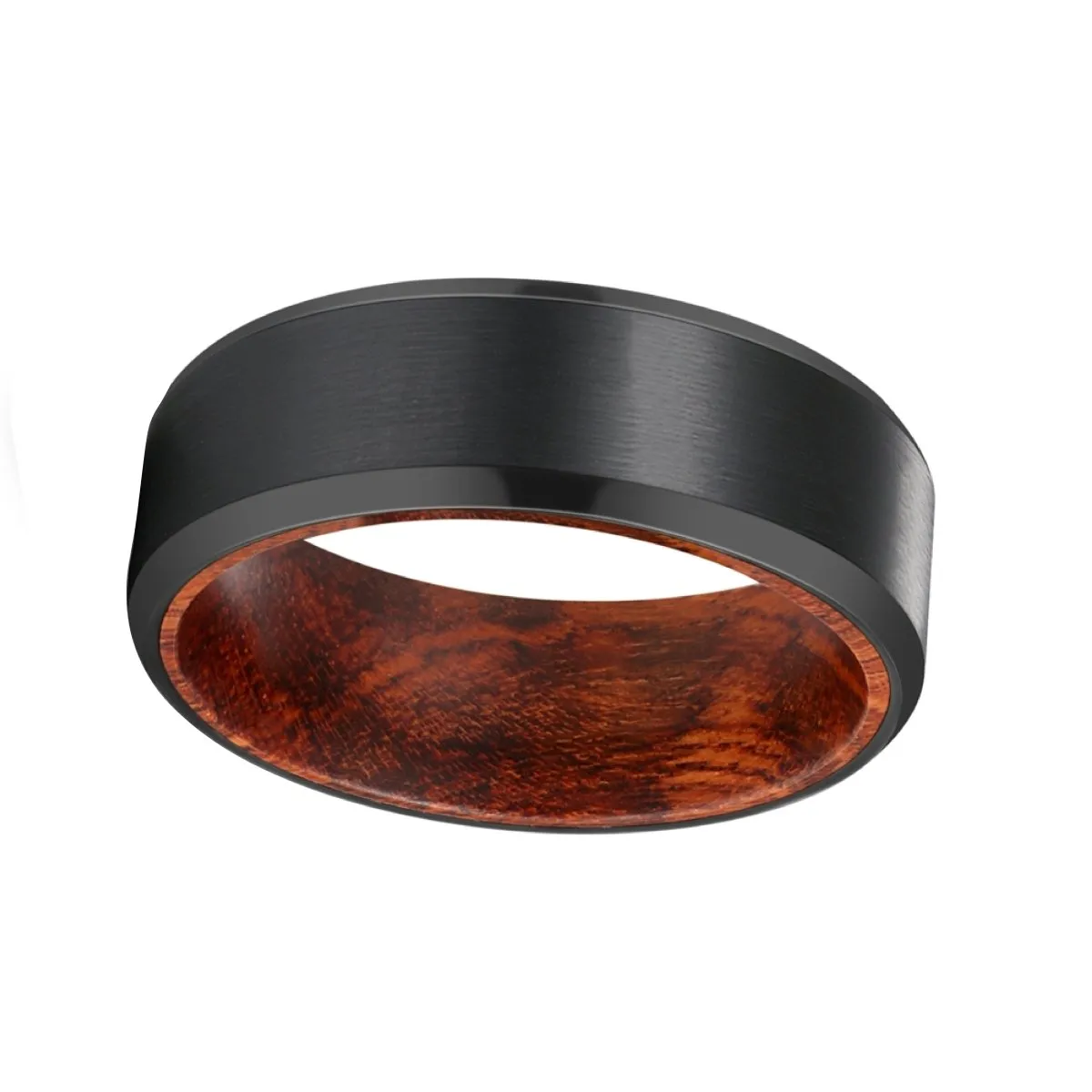 STRIKER | Snake Wood, Black Tungsten Ring, Brushed, Beveled