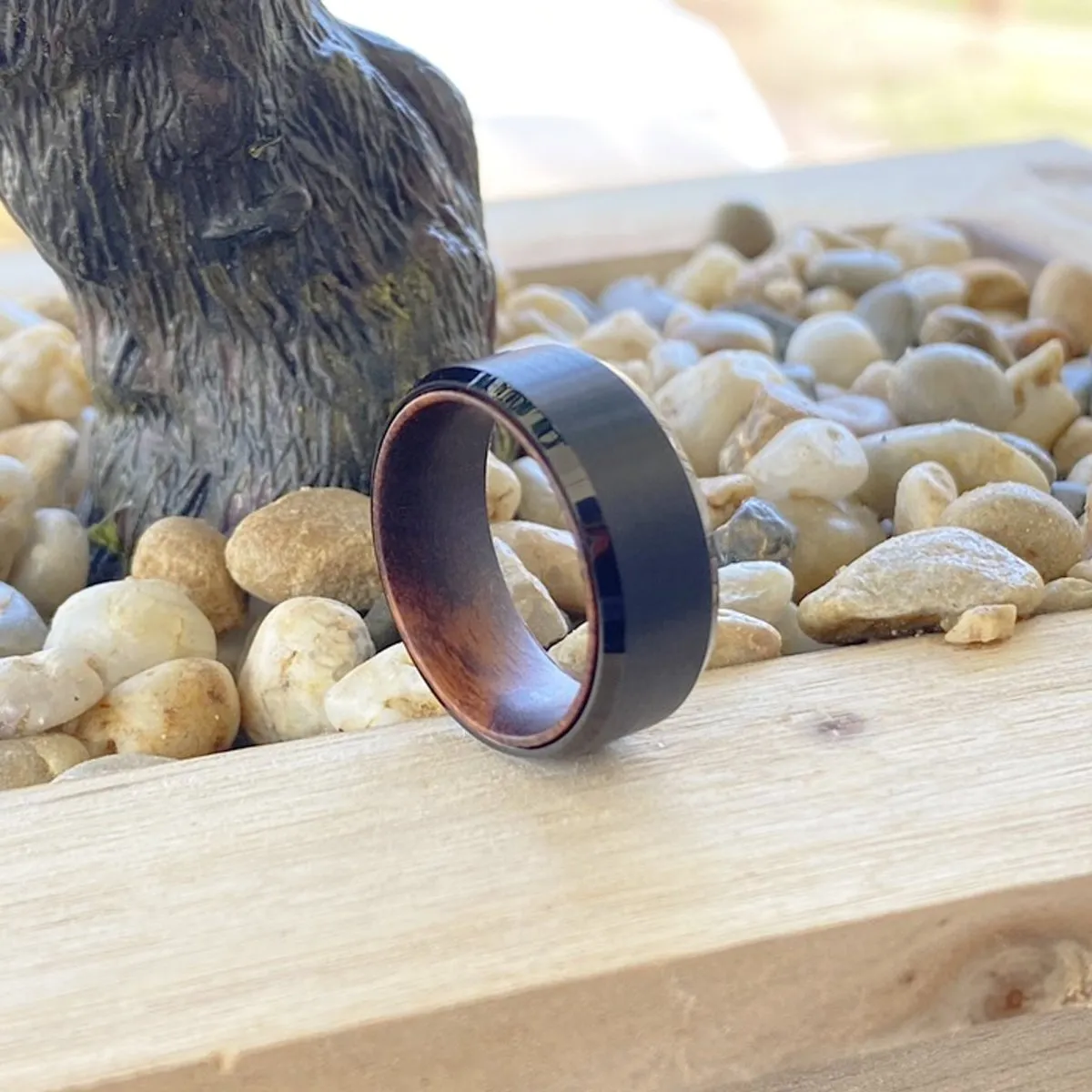 STRIKER | Snake Wood, Black Tungsten Ring, Brushed, Beveled