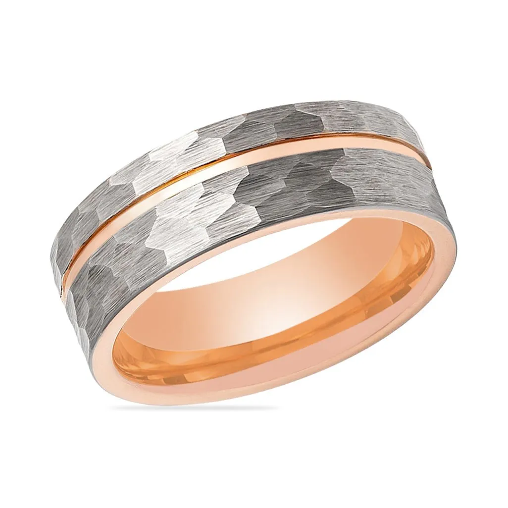 TROOPER | Tungsten Ring Rose Gold Groove Hammered Finish