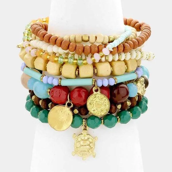 Turtle Charm Multi-Color 10 Strand Stretch Bracelet