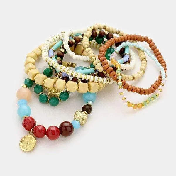 Turtle Charm Multi-Color 10 Strand Stretch Bracelet