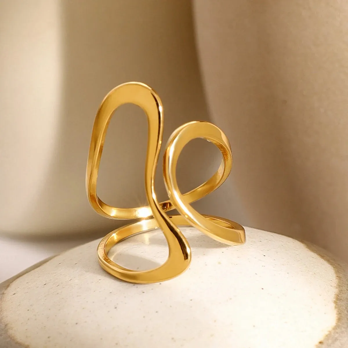 VAIGE Chic 18K Gold Plated Glossy Irregular Opening Ring - Unique Hollow Design Fashion Jewelry for Special Occasions