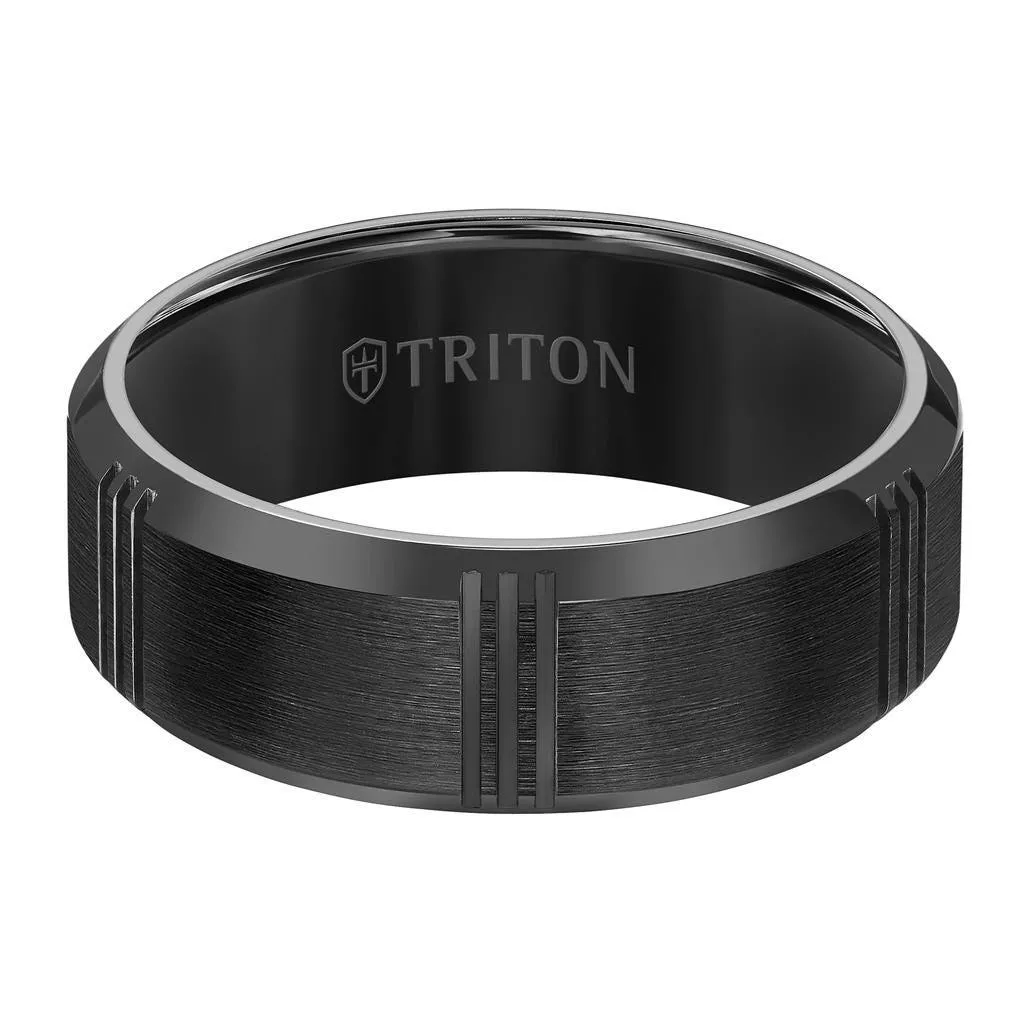 VANCE Satin Finished Black Flat Beveled Titanium Comfort Fit Wedding Band with Vertical Cuts by Triton Rings - 8 mm