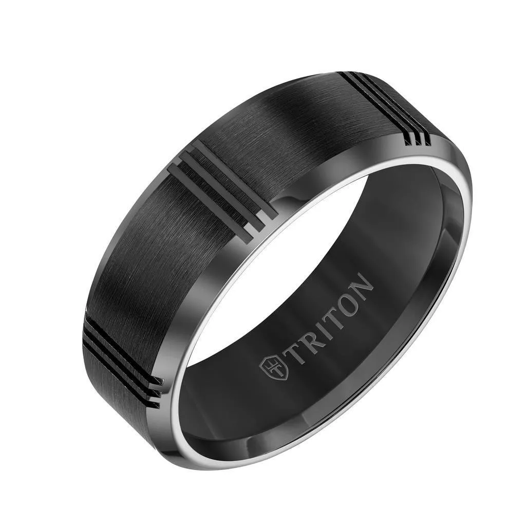 VANCE Satin Finished Black Flat Beveled Titanium Comfort Fit Wedding Band with Vertical Cuts by Triton Rings - 8 mm