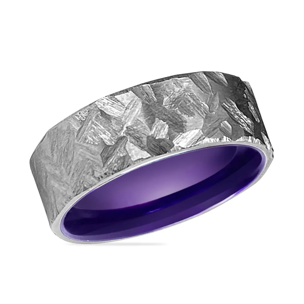 VIKING | Purple Ring, Silver Titanium Ring, Hammered, Flat