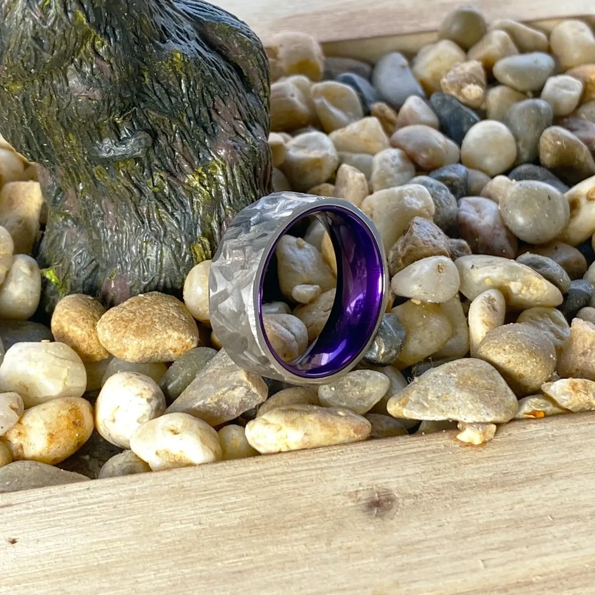 VIKING | Purple Ring, Silver Titanium Ring, Hammered, Flat