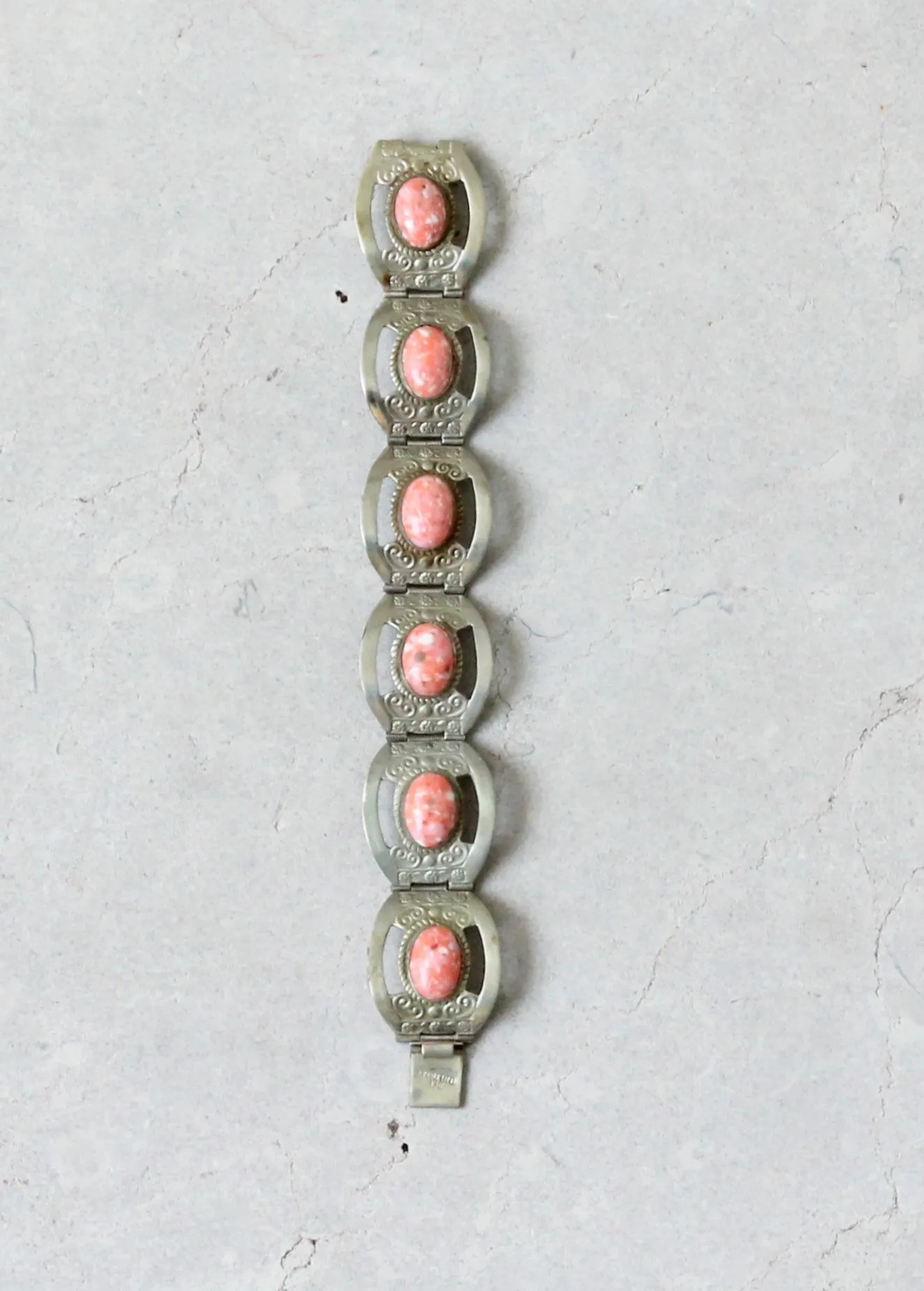 Vintage 1950s Mexican Sterling Silver and Pink Glass Bracelet