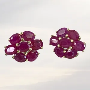 Vintage Ruby Cluster Earrings set in 10K Yellow Gold. July Birthstone. 15th Anniversary. Estate Jewelry.