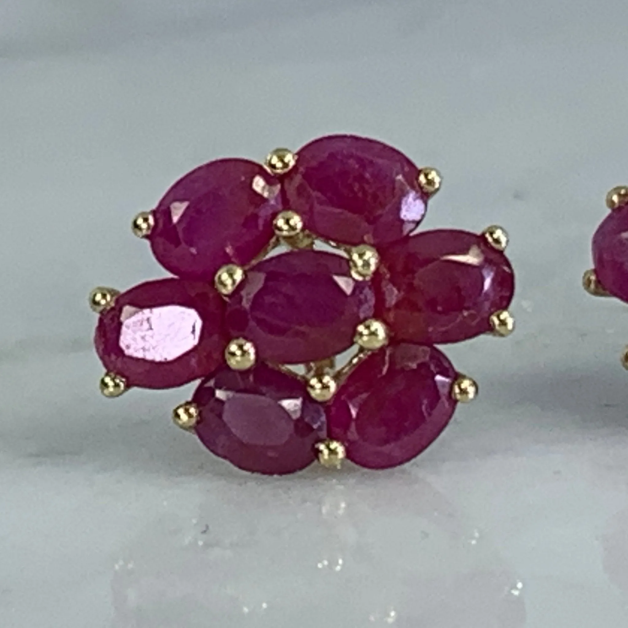 Vintage Ruby Cluster Earrings set in 10K Yellow Gold. July Birthstone. 15th Anniversary. Estate Jewelry.