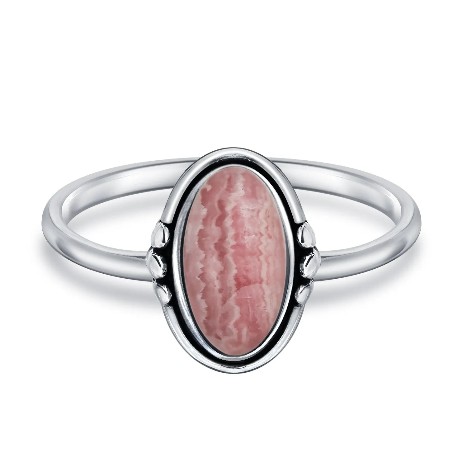 Western Boho Silver Ring with Oval Cabochon Gemstone and Thin Band