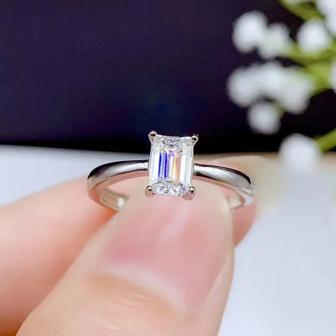 White Gold Plated Silver Emerald Cut Solitaire Moissanite Ring 0.5ct