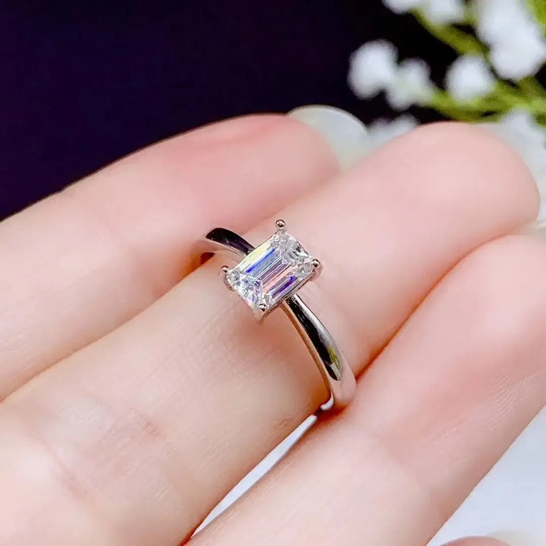 White Gold Plated Silver Emerald Cut Solitaire Moissanite Ring 0.5ct