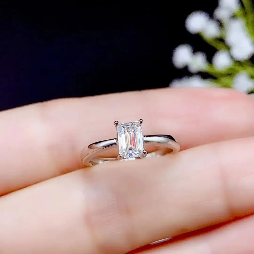 White Gold Plated Silver Emerald Cut Solitaire Moissanite Ring 0.5ct