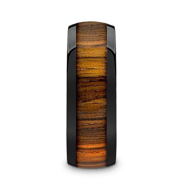 ZERRA | Black Ceramic Ring, Zebra Wood Inlay, Domed