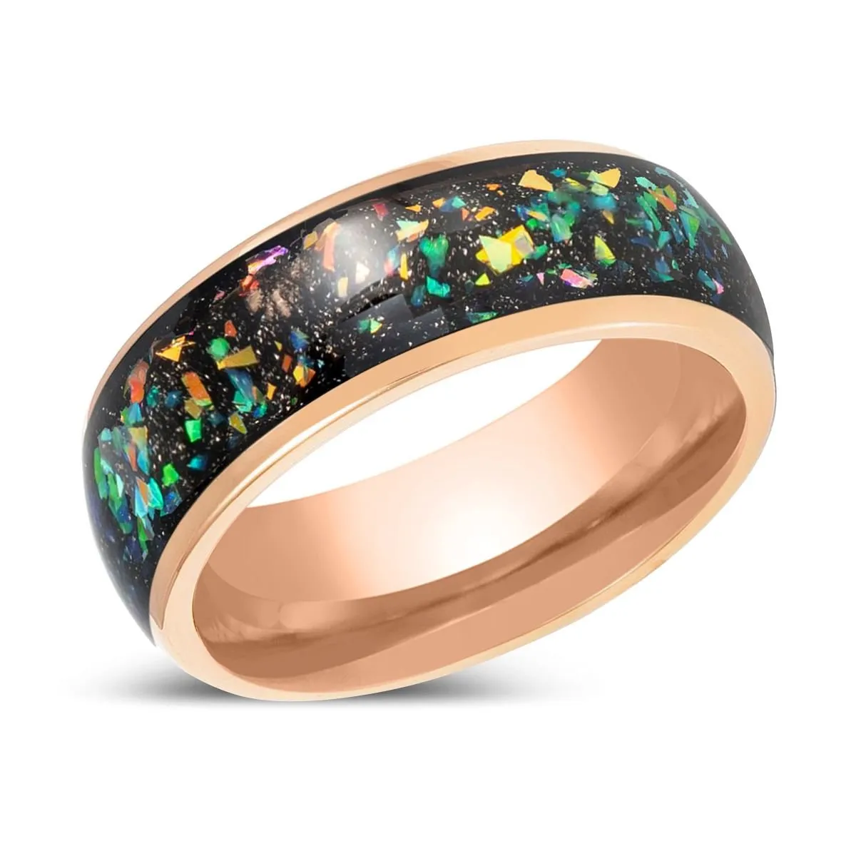 ZUFAR | Rose Gold Tungsten Ring with Opal & Abalone Fragmetns Inlay